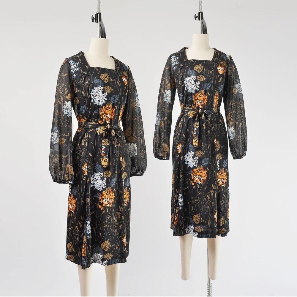 Vintage 70s Black Floral Leaf Print Sheer Sleeve Midi Dress with Tie Belt M